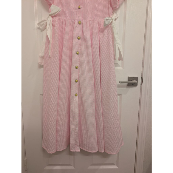 Sister Jane Amalfi Gingham Midi Dress Lemon Pink Seersucker Picnic Easter Tea M - Picture 6 of 12